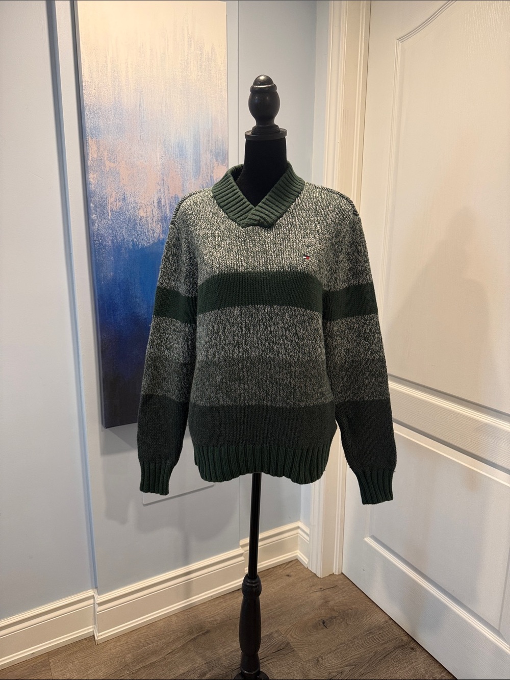 Vintage Tommy Hilfiger Men's Green & Gray Striped V-Neck Sweater